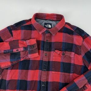 THE NORTH FACE Mens Large Red Black Plaid Flannel Shirt Button Up Outdoor Hiking